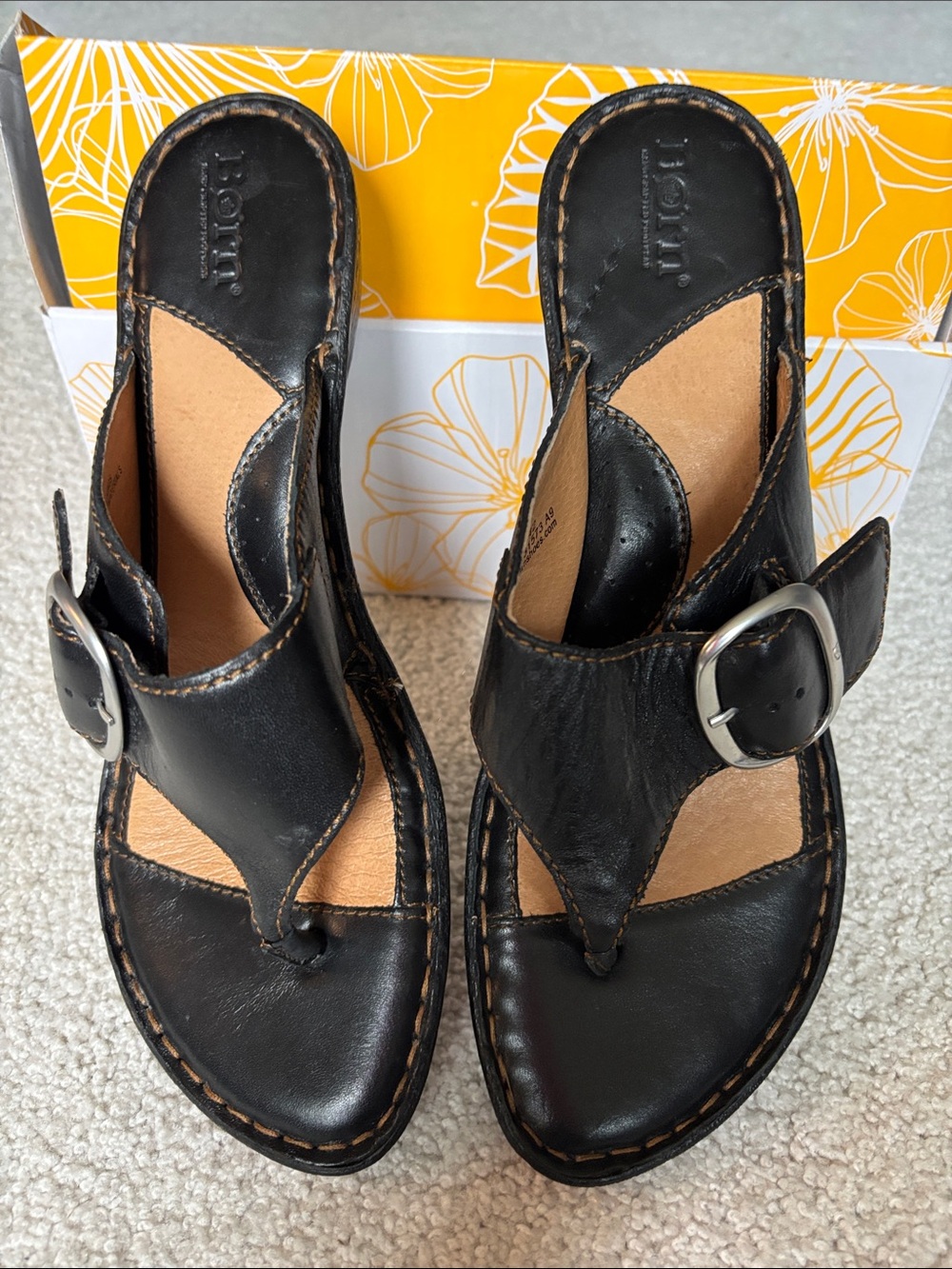 Born Black Leather Buckle Thong Sandals with Silver Buckles